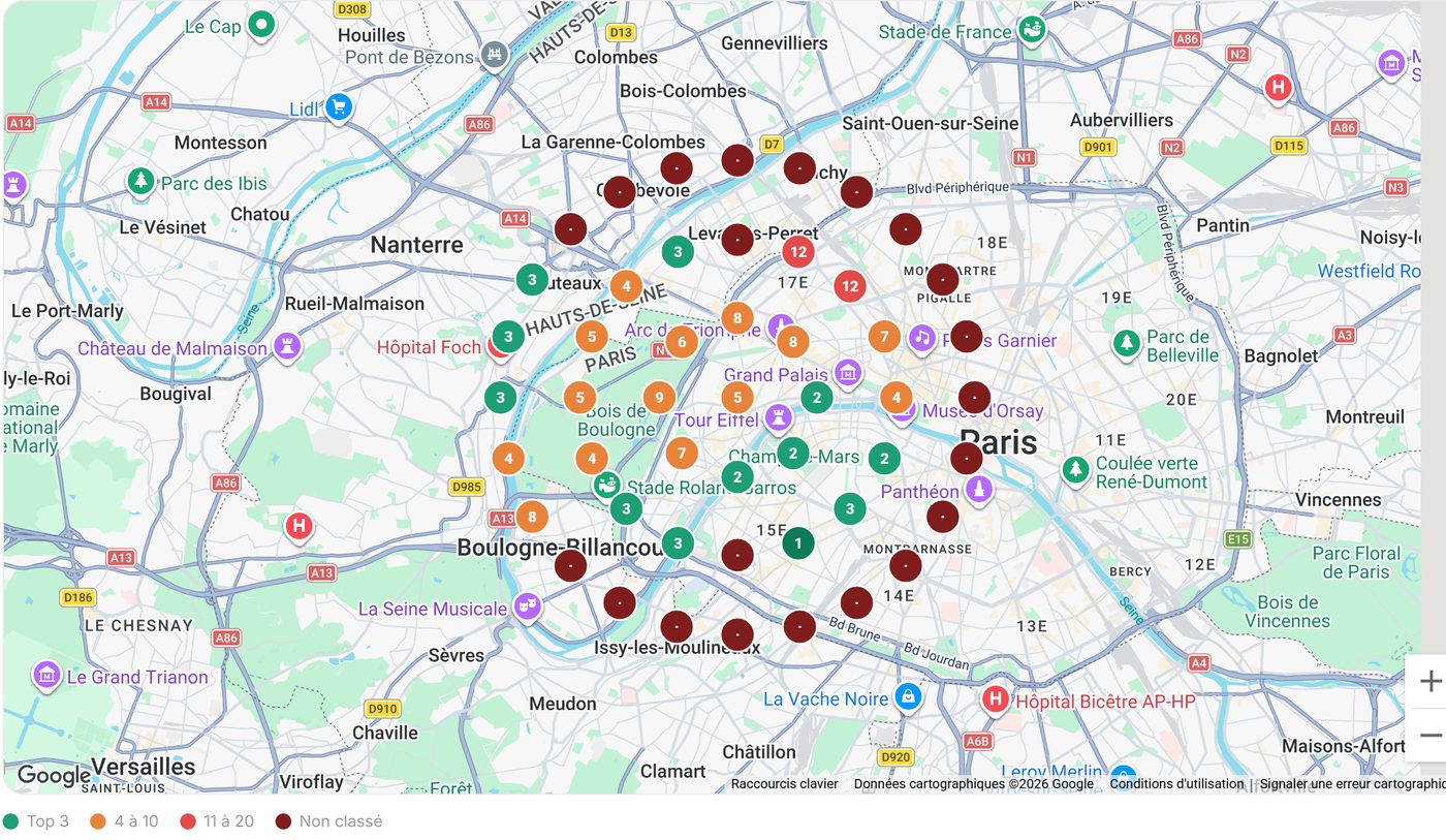 Map of a rank tracking report: one dot per measurement point, coloured according to the ranking obtained at that spot.