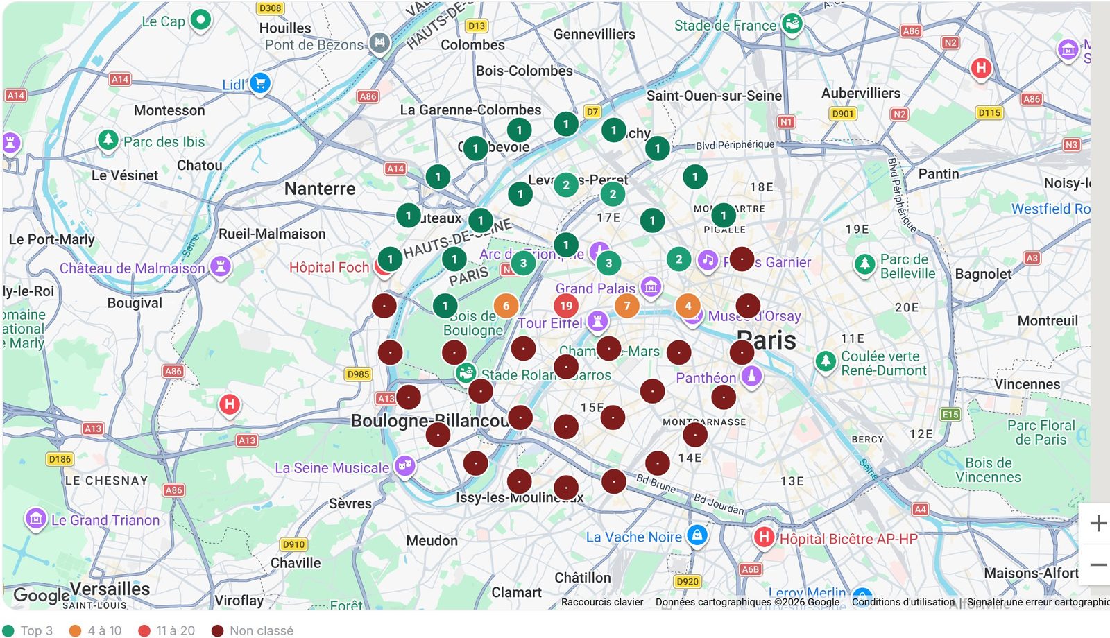 Carte de positionnement dans GMB Manager : une pastille par point de mesure, indiquant le classement Google Maps obtenu à cet endroit précis.