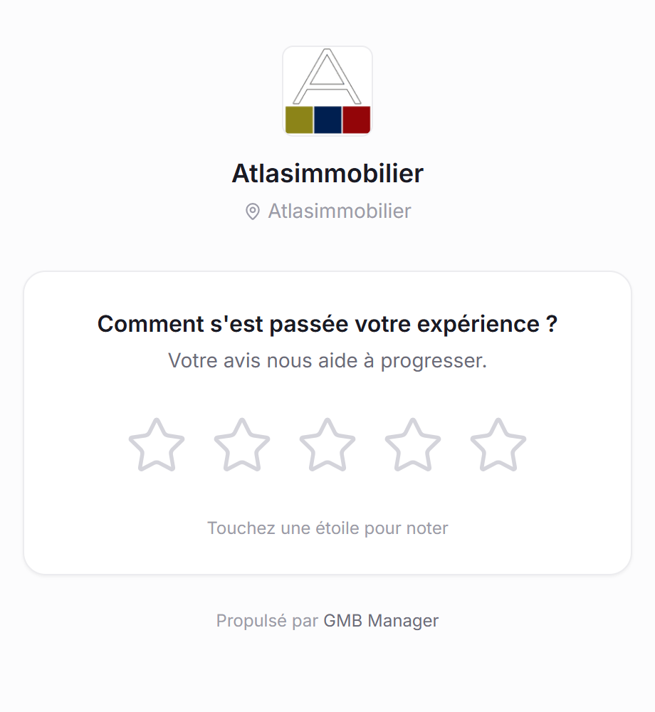 Page publique de collecte d'avis d'un établissement, à sa marque, avec la notation par étoiles.