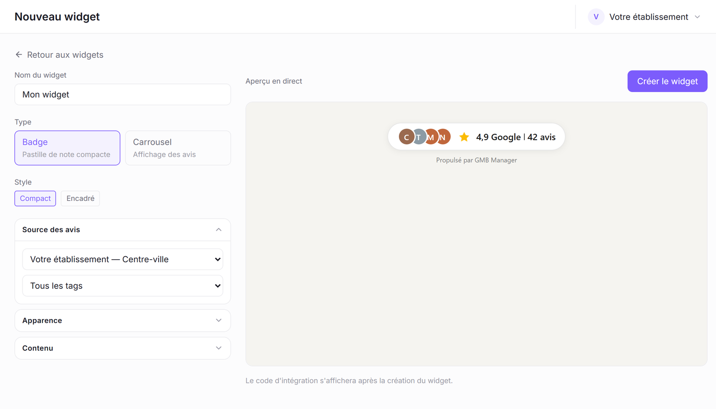 Configuration d'un widget d'avis dans GMB Manager, avec l'aperçu en direct.