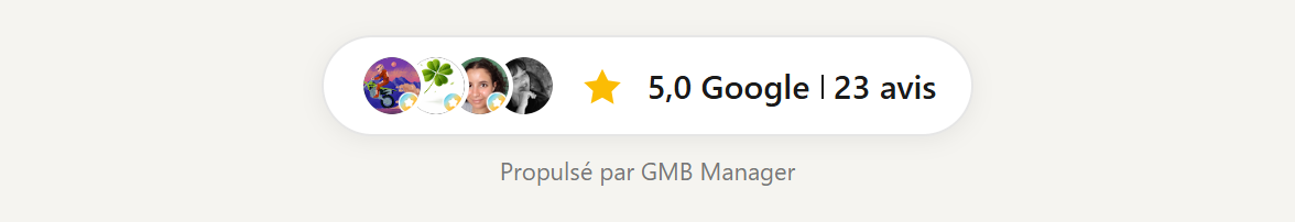 Widget badge compact : avatars des clients, note moyenne et nombre d'avis Google.