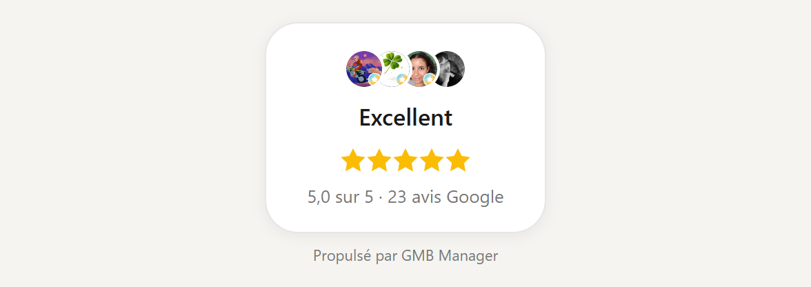 Widget badge encadré : carte avec le libellé de qualité, les cinq étoiles et le nombre d'avis.