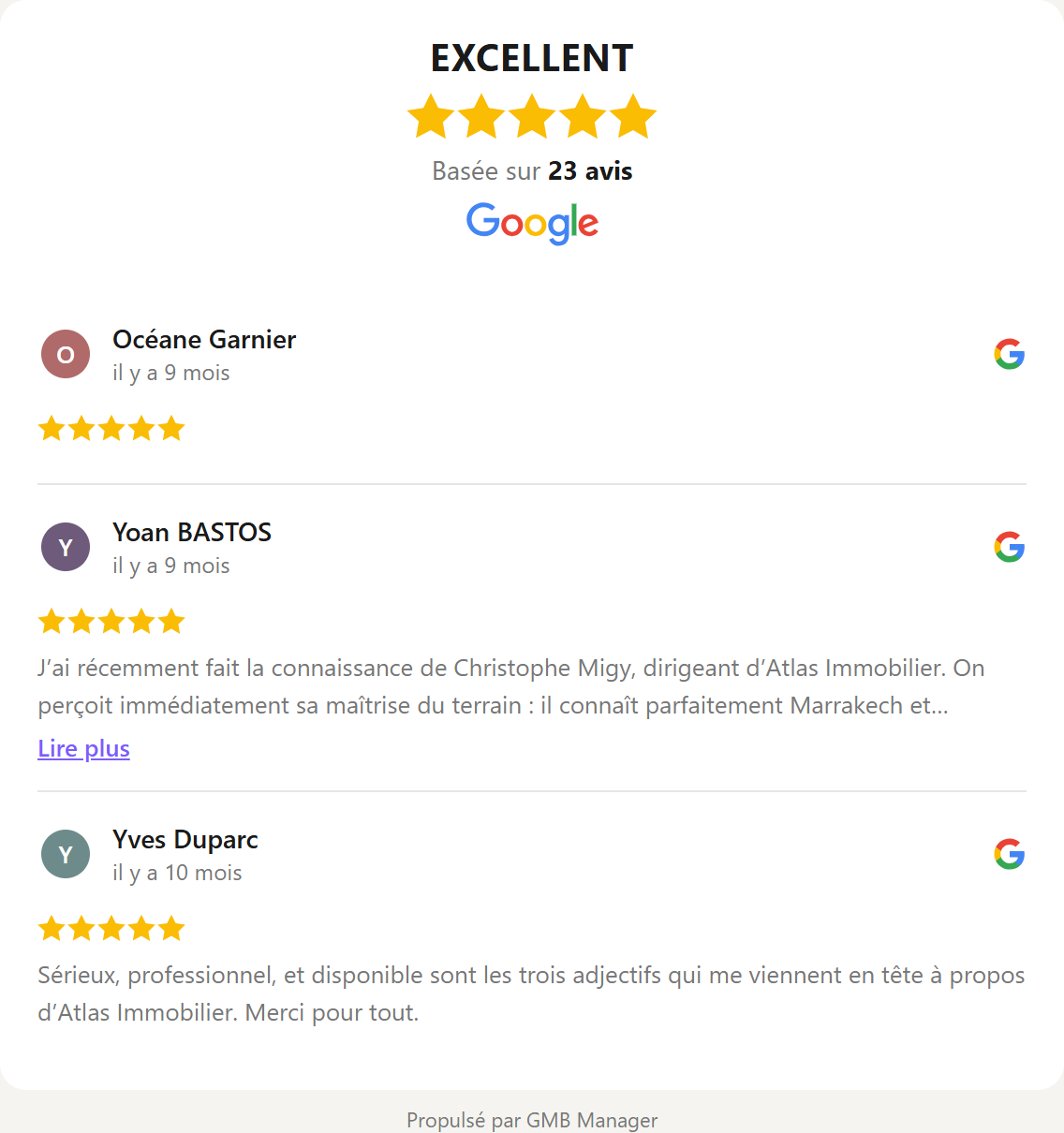 Widget carrousel en liste : un avis par ligne, colonne étroite.