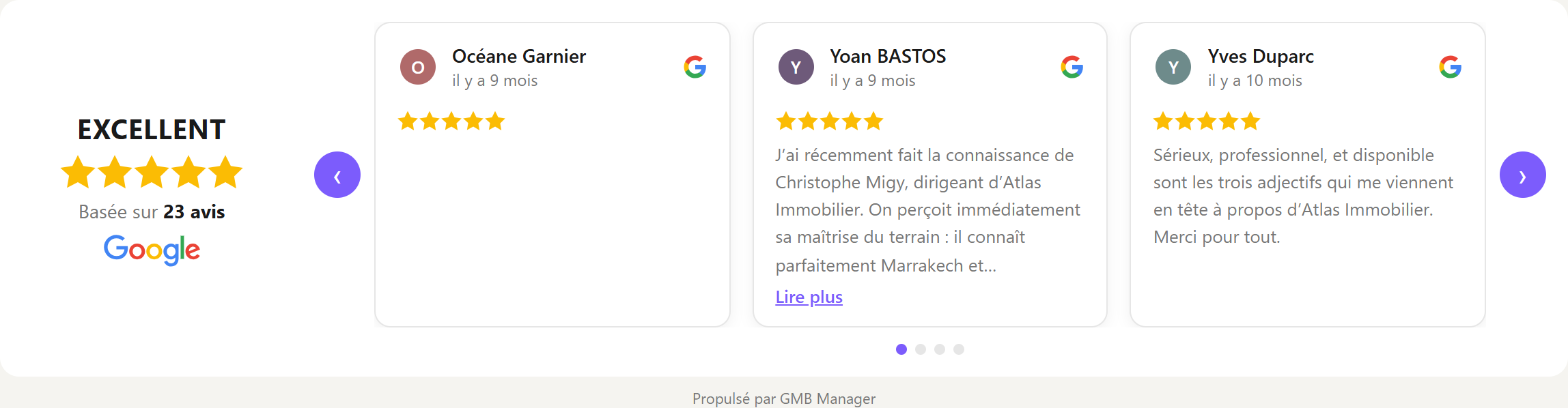 Widget carrousel à défilement : en-tête de synthèse à gauche, cartes d'avis défilantes.